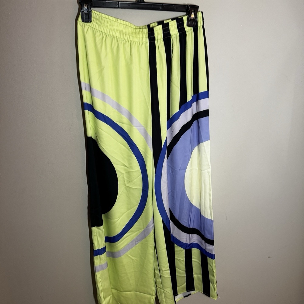 ADOR Geometric Print Satin Pants XL Green Blue Abstract Wide Leg Polyester